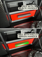 Two red drawers, one with a black handle and one with a green handles. Displays how the handles can be ordered in any colors.