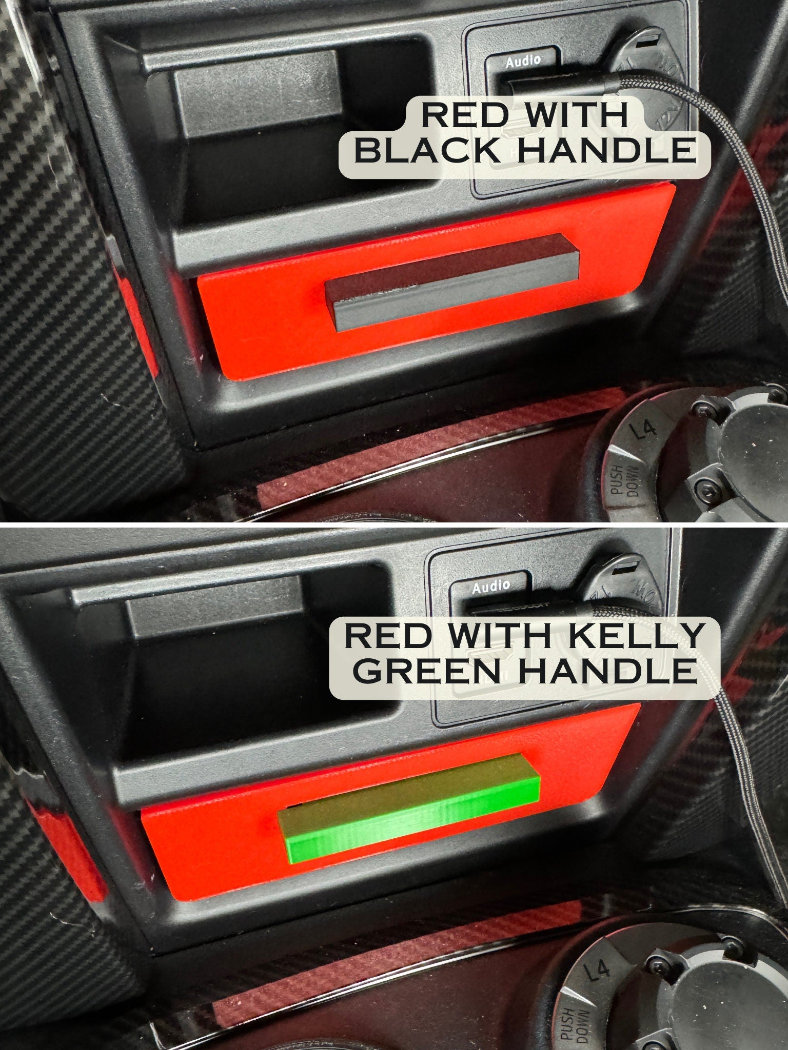 Two red drawers, one with a black handle and one with a green handles. Displays how the handles can be ordered in any colors.