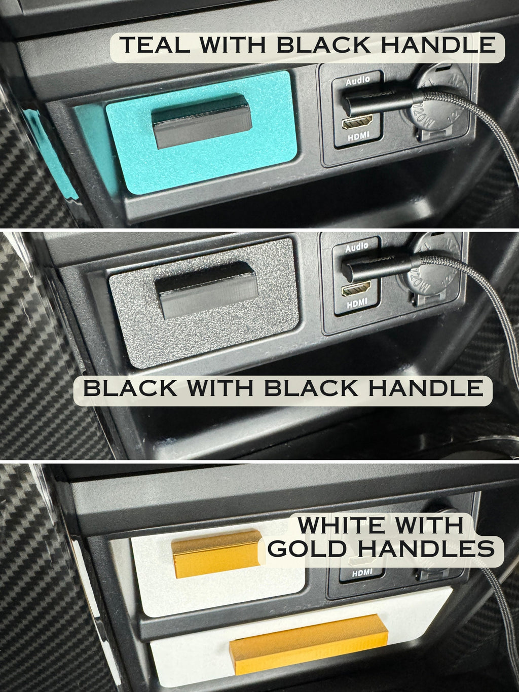 Shows the teal drawers and black drawers with black handles. The final image shows white drawers with gold handles.