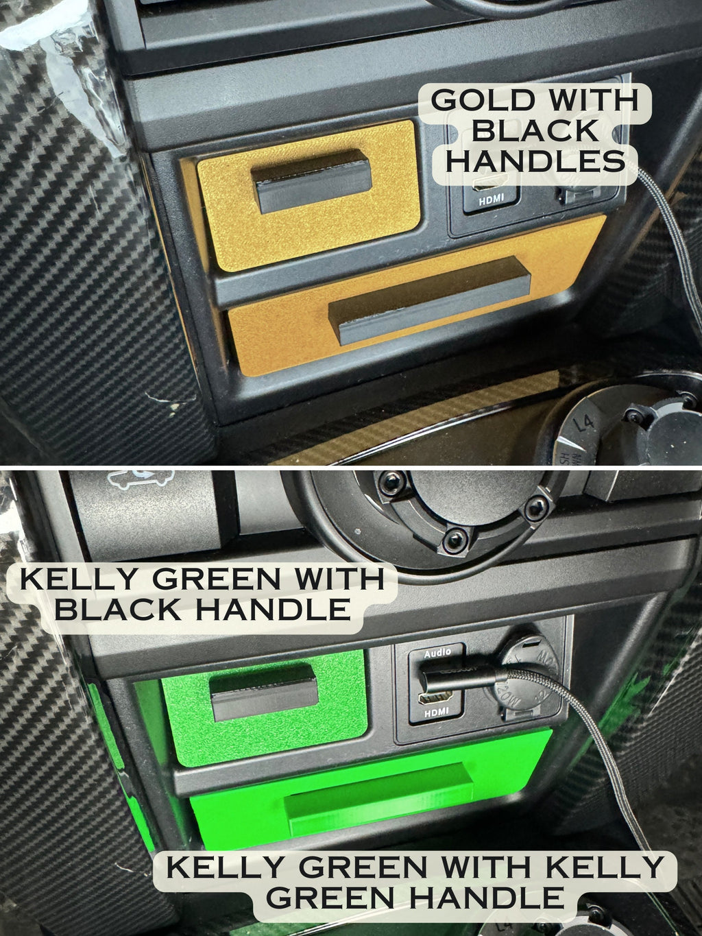 Shows gold drawers with black handles. Also shown is green drawers with black and green handles.