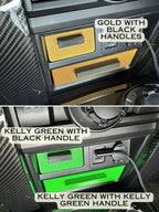 Shows gold drawers with black handles. Also shown is green drawers with black and green handles.