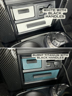 The top image is white with black handles and the bottom image is burnt titanium with black handles