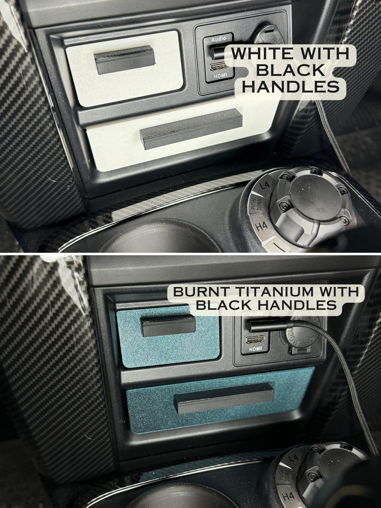 The top image is white with black handles and the bottom image is burnt titanium with black handles