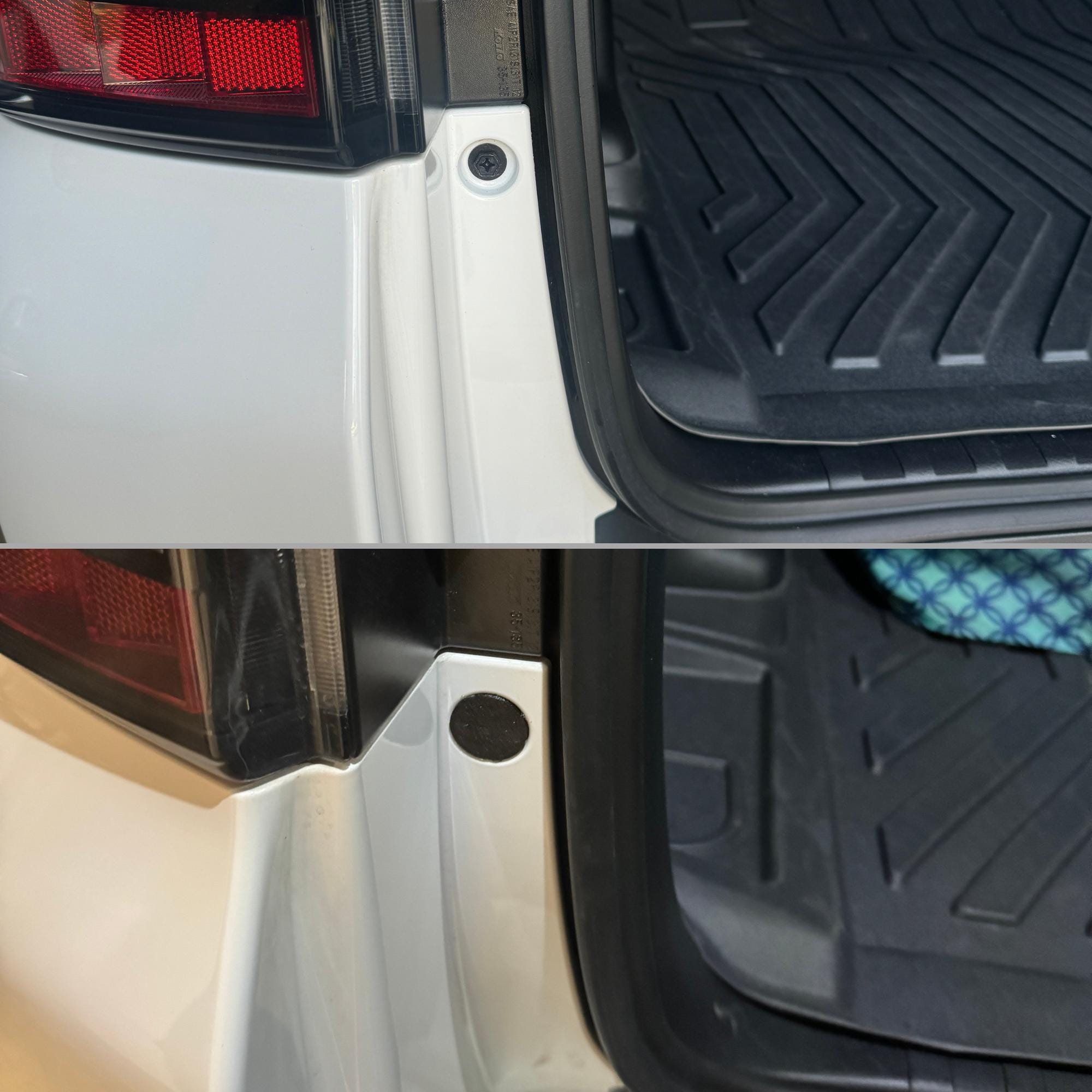 The top half of the photo shows the exposed bolt. The bottom half show the exposed bolt covered by the plug. The plug looks nicely finished and sits flush to the frame.